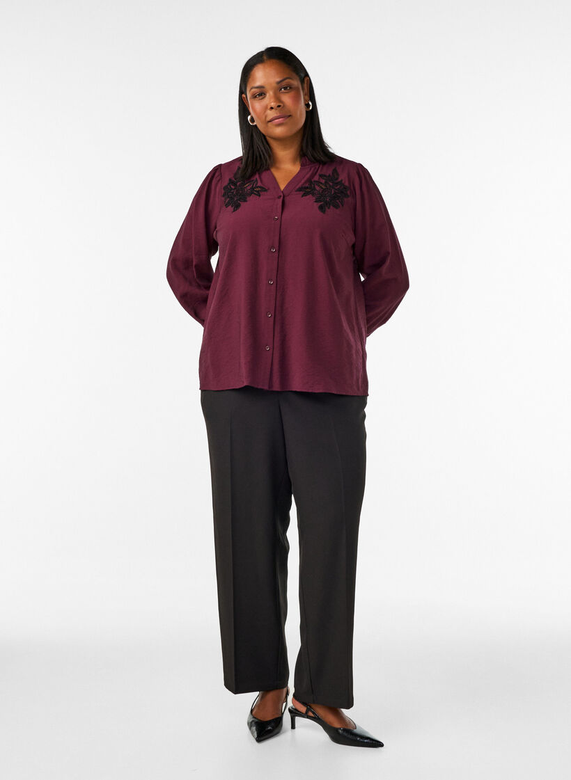 Shirt blouse with embroidered floral appliqu&eacute;s, Red, Model image number 1