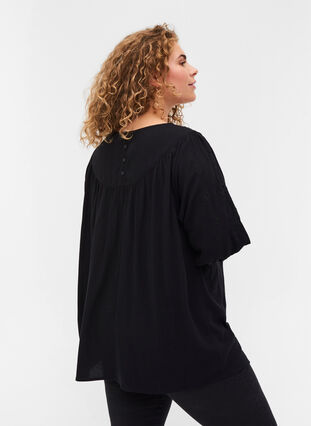 Viscose blouse with embroidery and 2/4-length sleeves, Black, Model image number 1