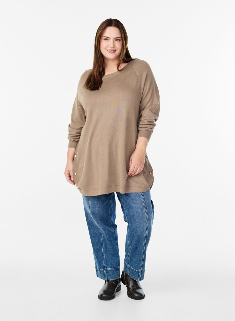 Knitted blouse with side buttons, Beige, Model image number 1