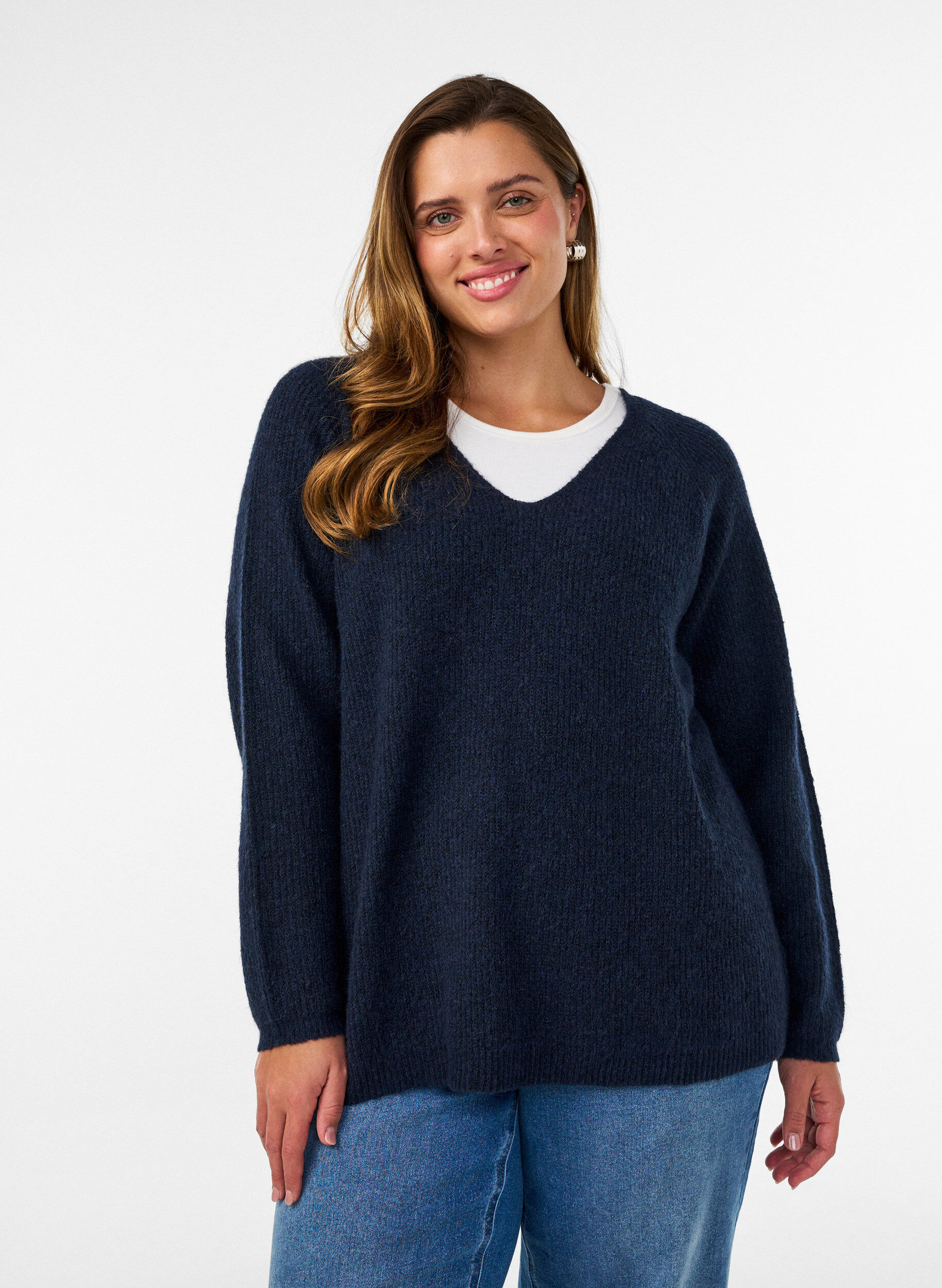 ZizzifashionKnitted blouse with V-neck and raglan sleeves, Blue, Model image number 0