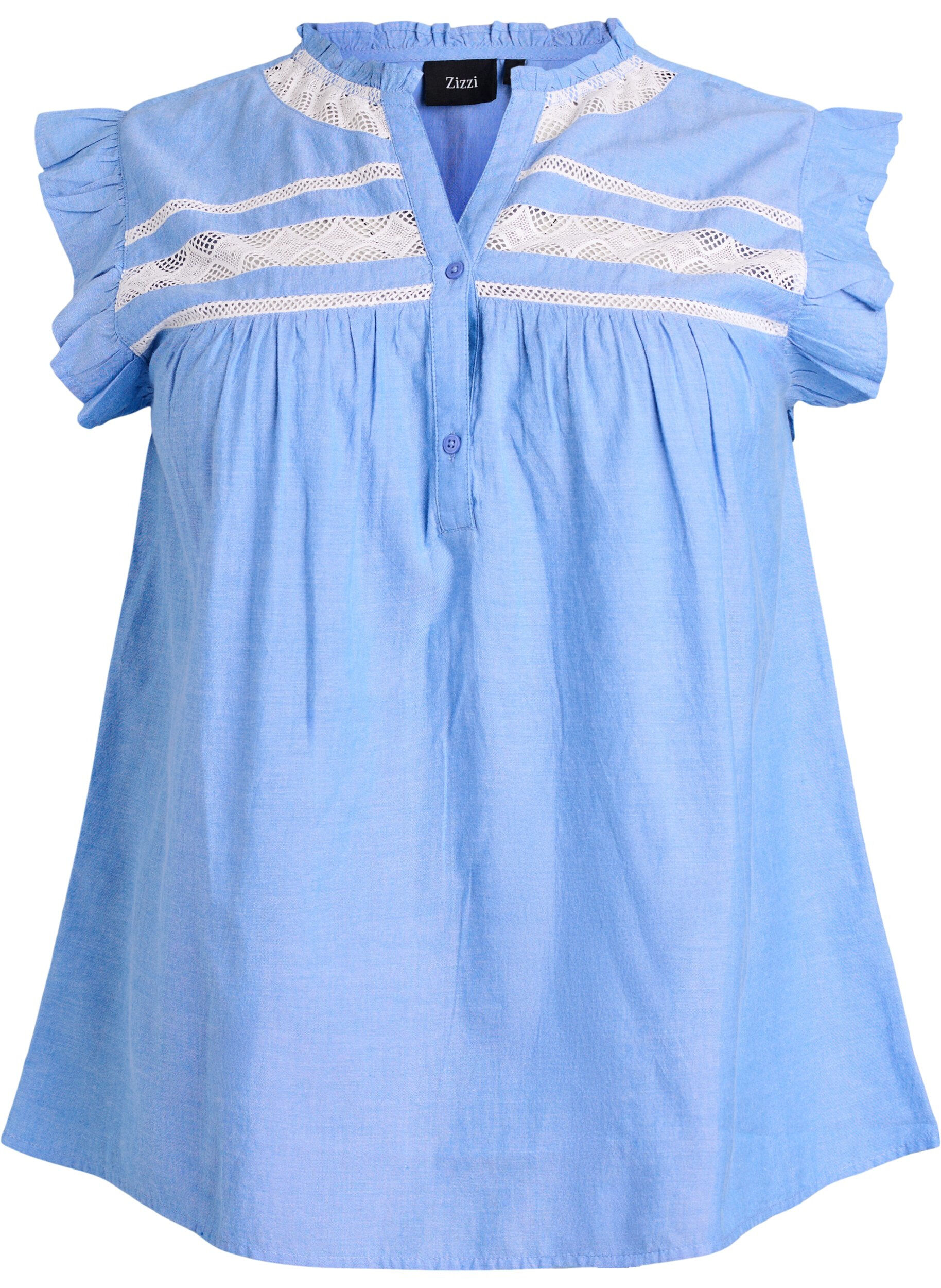 Zizzifashion Sleeveless cotton blouse with ruffle edges, Light Blue, Packshot image number 0