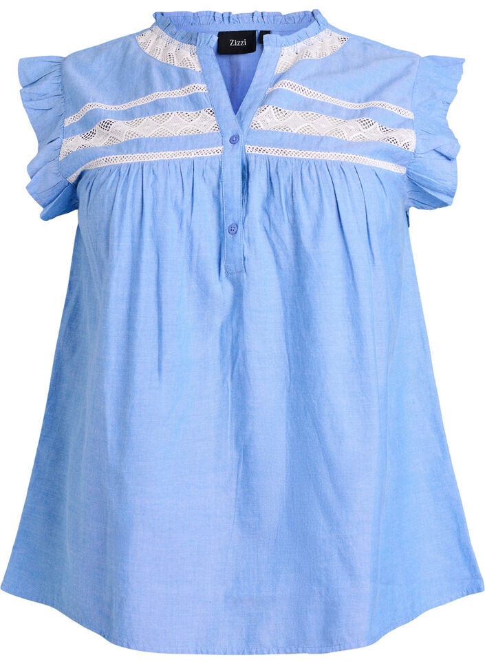 Sleeveless cotton blouse with ruffle edges, Light Blue, Packshot image number 0