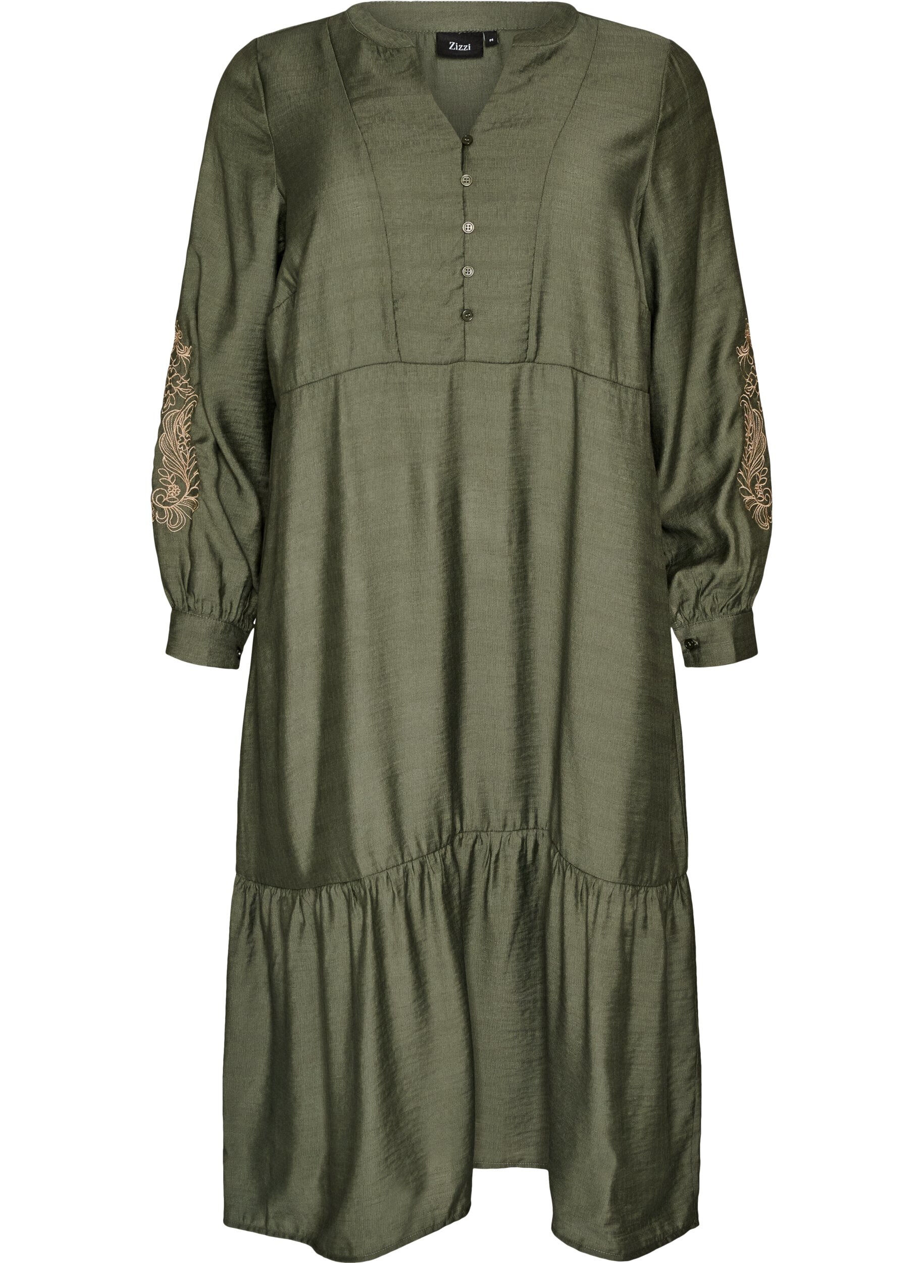 ZizzifashionViscose dress with embroidery and tiered ruffles, Green, Packshot image number 0