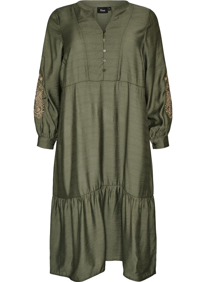 Viscose dress with embroidery and tiered ruffles, Green, Packshot image number 0
