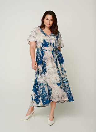 Short-sleeved midi dress with print, Twilight Blue AOP, Model image number 2
