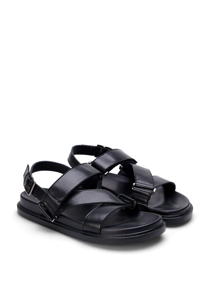 Wide fit - Leather sandal with adjustable straps, Black, Packshot image number 1