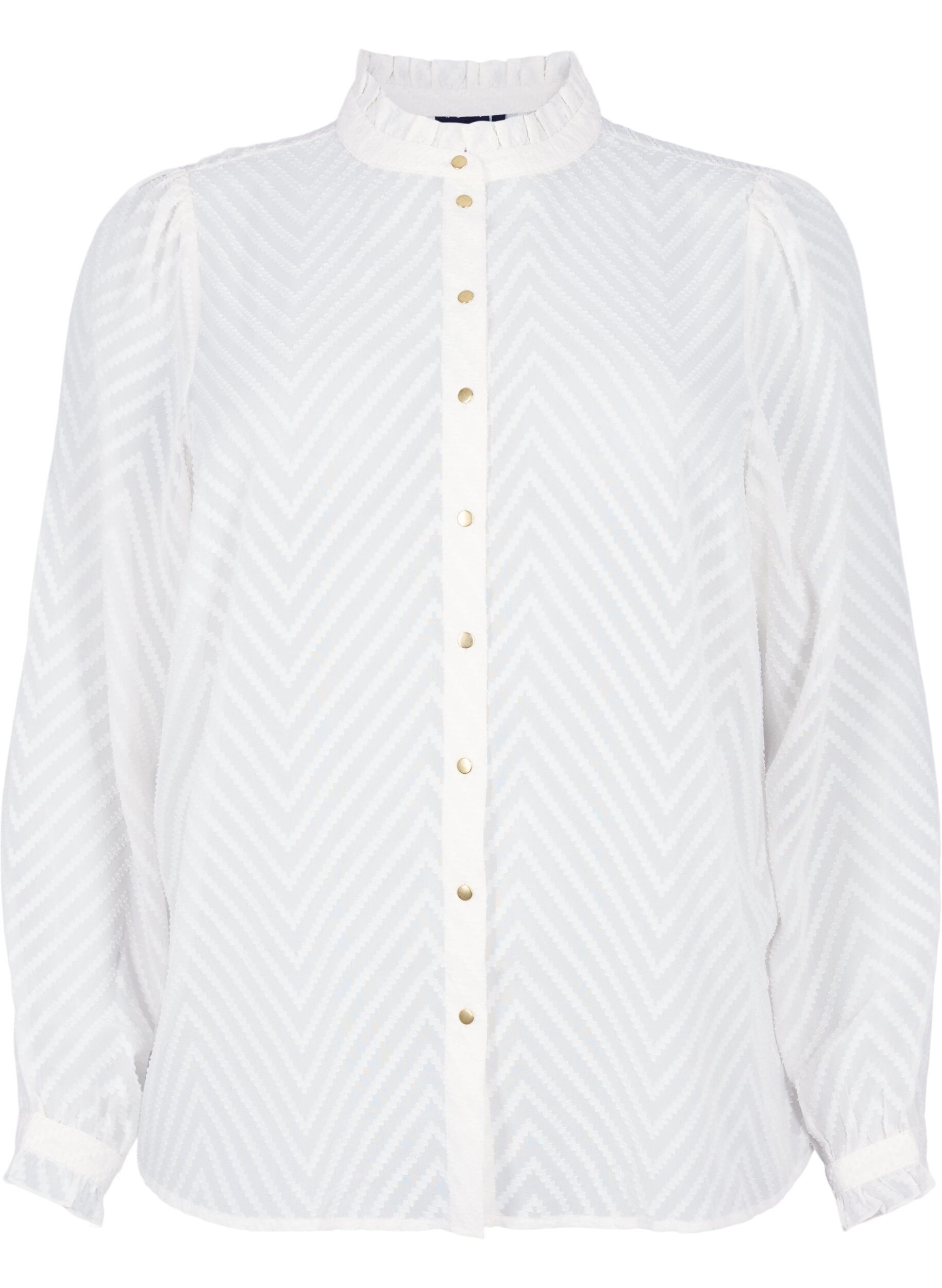 Zizzifashion Shirt blouse with ruffles and patterned texture, Snow White, Packshot image number 0