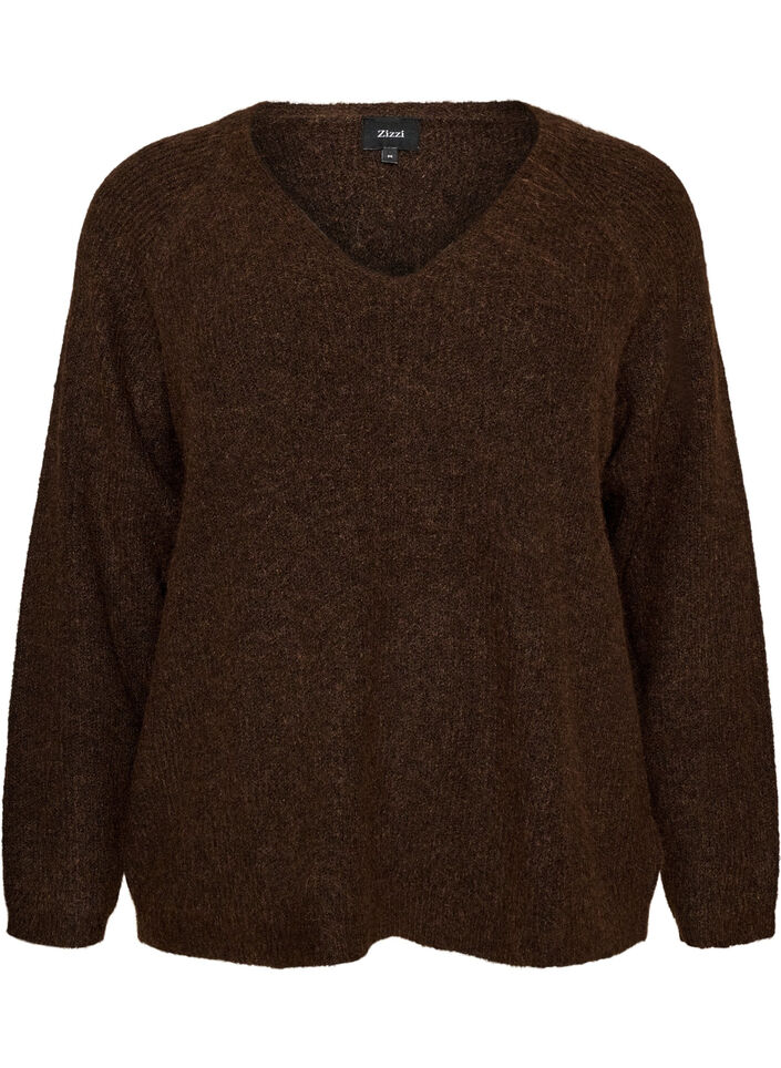 Knitted blouse with V-neck and raglan sleeves, Brown, Packshot image number 0