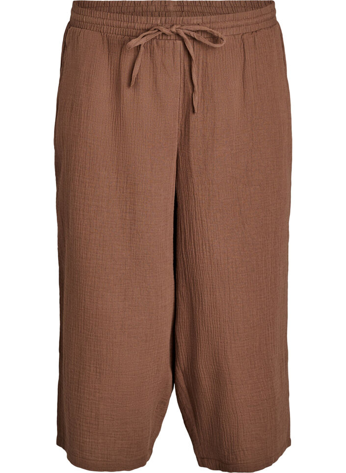 Culotte trousers in cotton muslin with high waist, Brown, Packshot image number 0