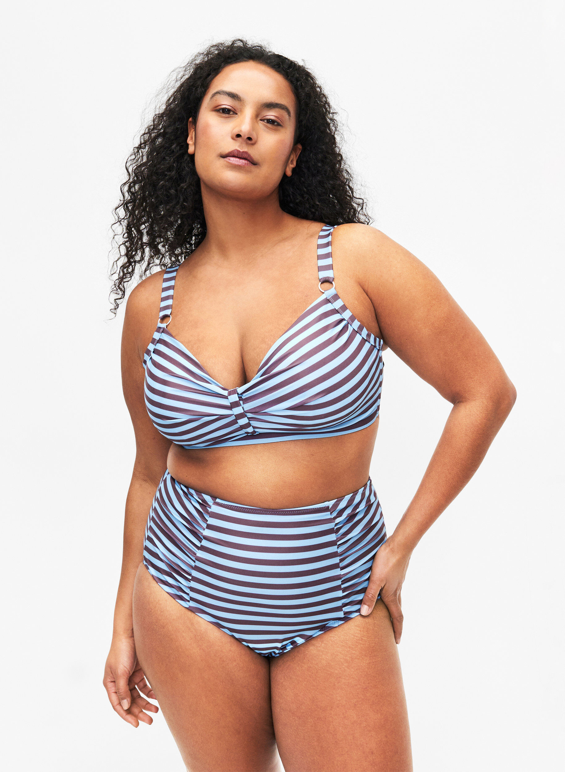High-waisted bikini bottom with stripes, Light Blue, Model