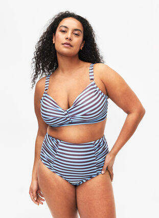 High-waisted bikini bottom with stripes, BlueBrown Stripe AOP, Model image number 0