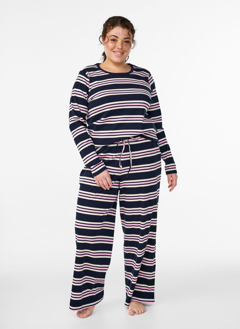Long-sleeved night top in ribbed jersey with stripes, Blue, Model image number 1