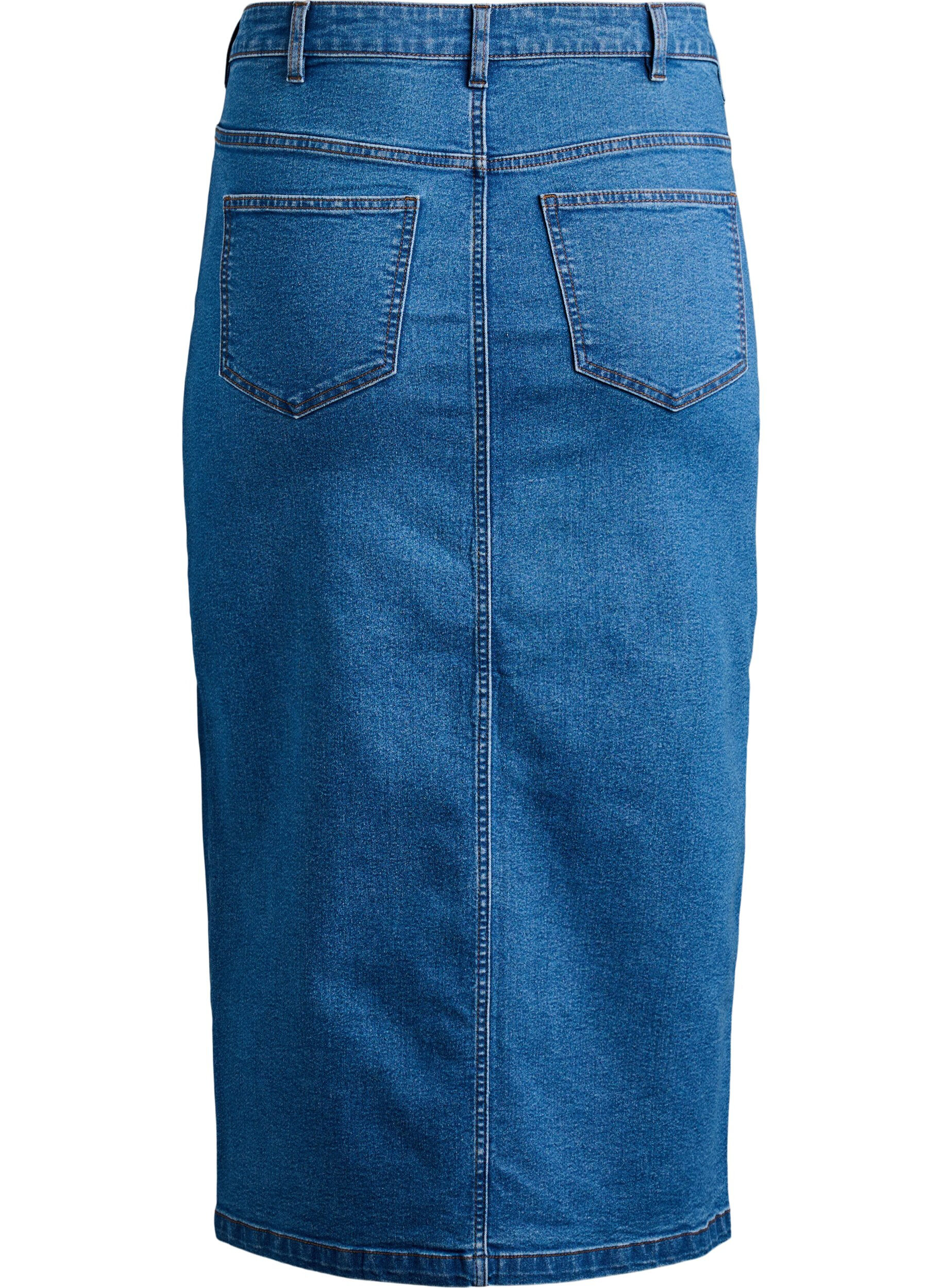 Zizzifashion FLASH - Midi denim skirt with a front slit, Blue, Packshot image number 1