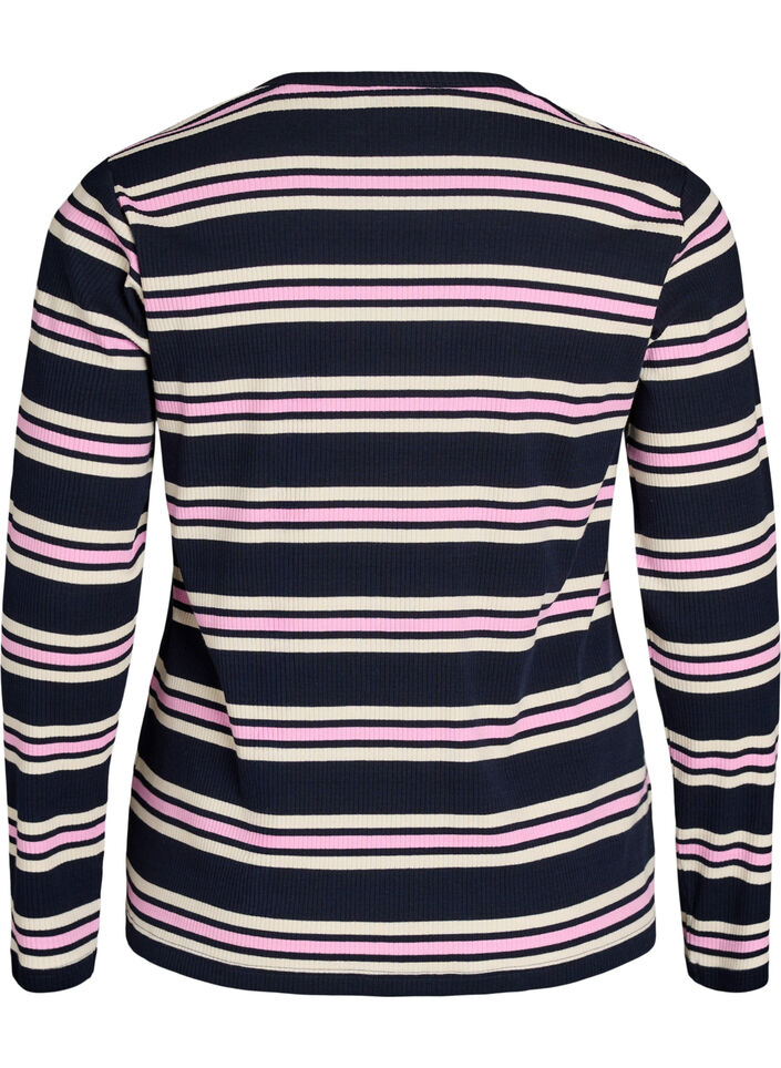 Long-sleeved night top in ribbed jersey with stripes, Blue, Packshot