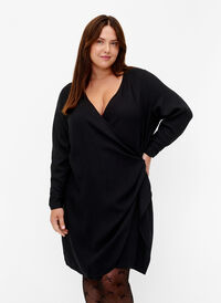 Long sleeve viscose dress with a wrap look, Black, Model
