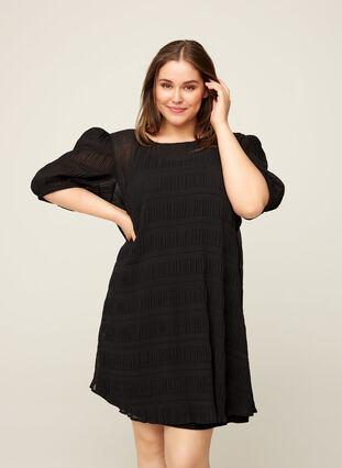Textured tunic with puff sleeves, Black, Model image number 0