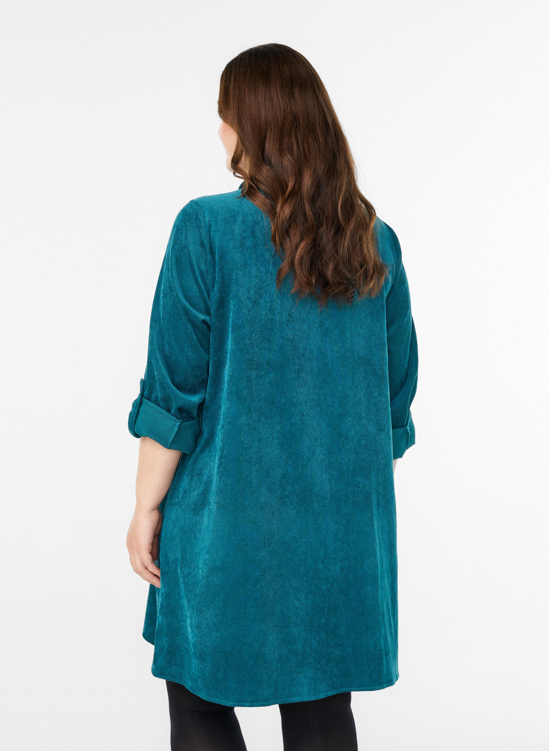 Zizzifashion Corduroy dress with zipper and 3/4 sleeves, Green, Model image number 2