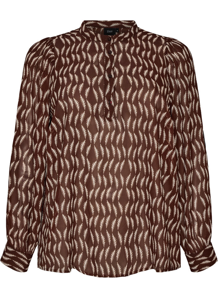 Blouse with all-over print and short button placket, Brown, Packshot image number 0