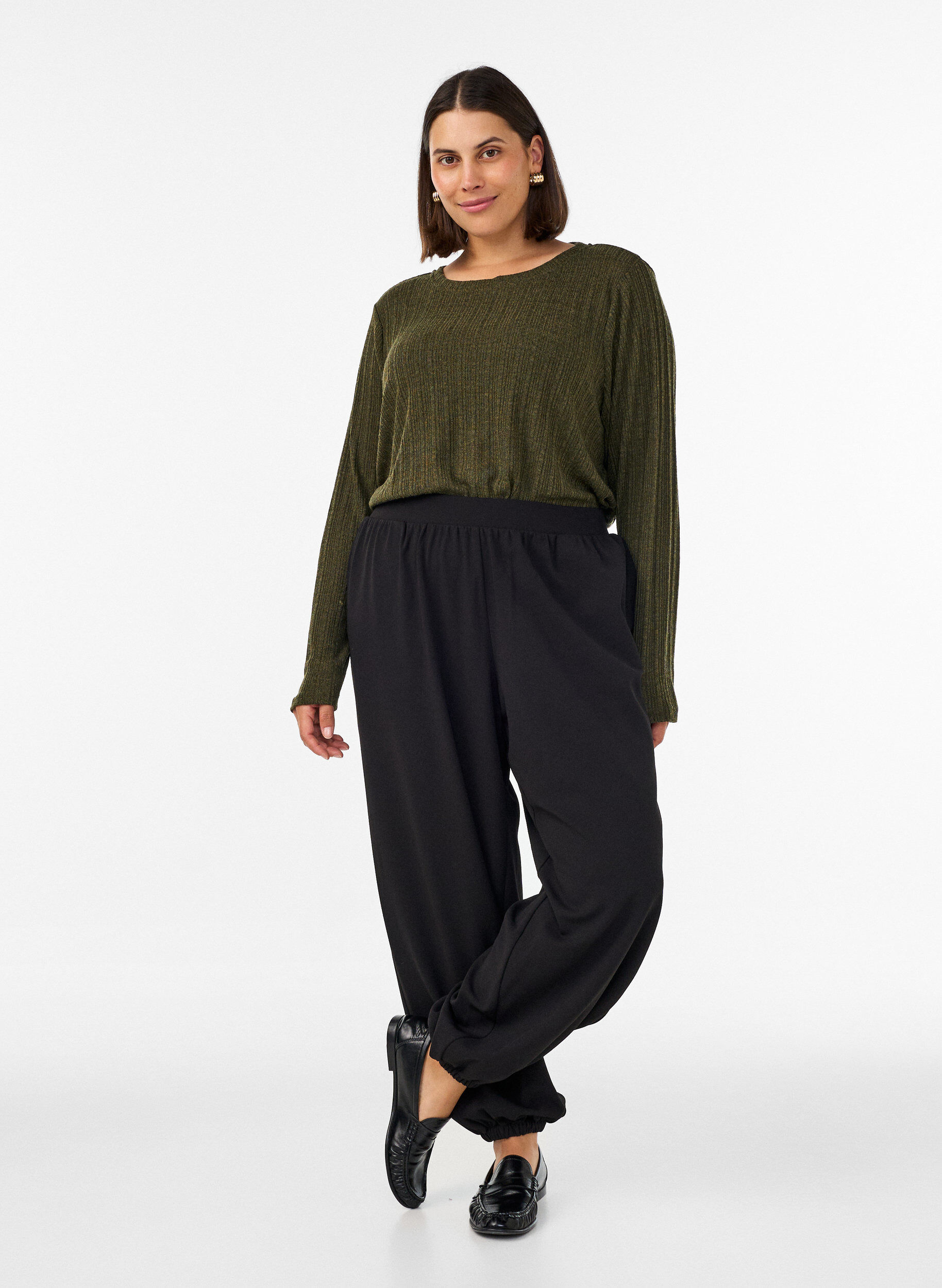 ZizzifashionJersey blouse with ribbed structure and long sleeves, Green, Model image number 1