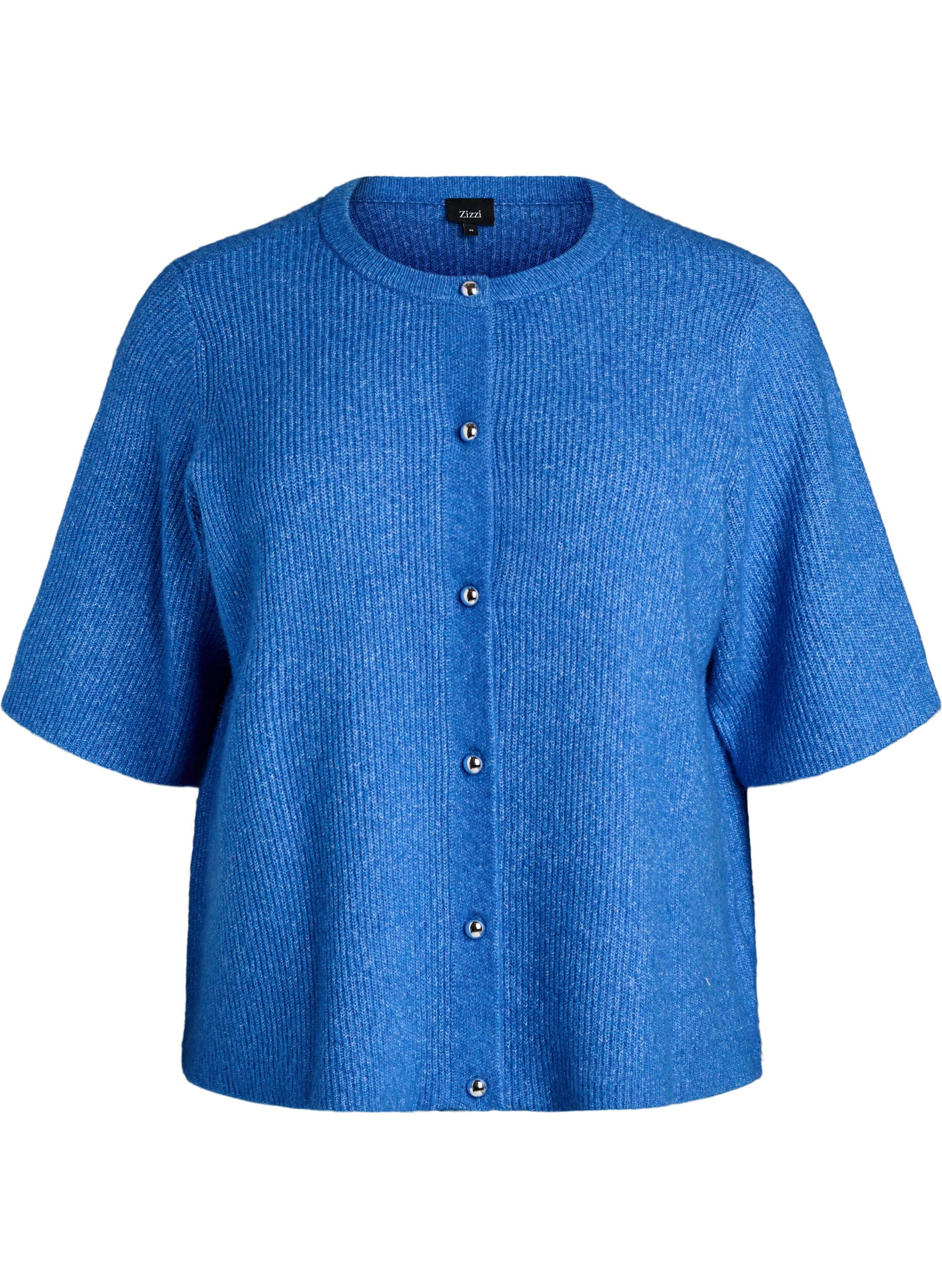 Zizzifashion Short-sleeved knit cardigan with shiny ball buttons, Light Blue, Packshot image number 0