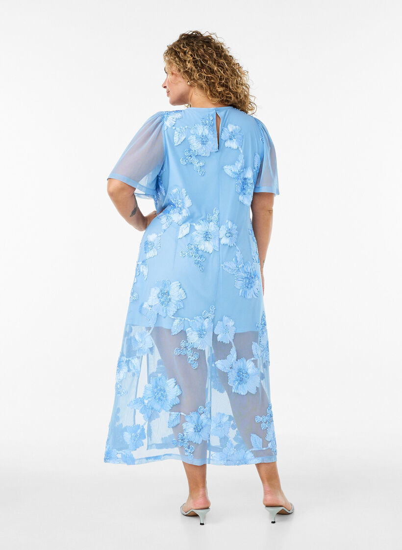Mesh dress with floral appliqu&eacute;s, Light Blue, Model image number 1