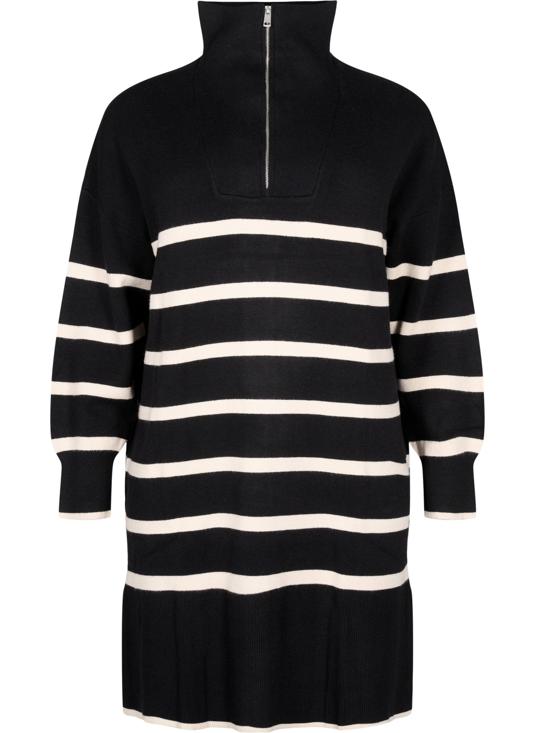 Zizzifashion Striped knit dress with high collar and zipper, Black w. Birch, Packshot image number 0