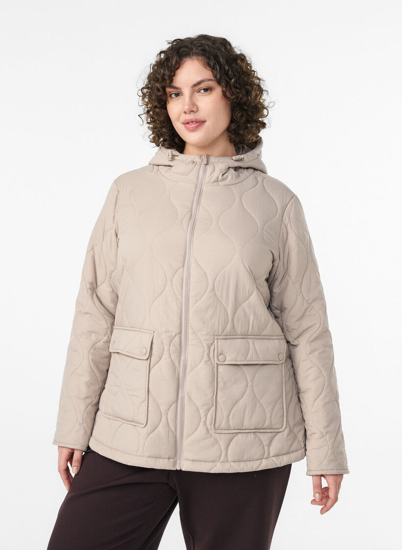Quilted jacket with a hood and pockets, Beige, Model image number 0
