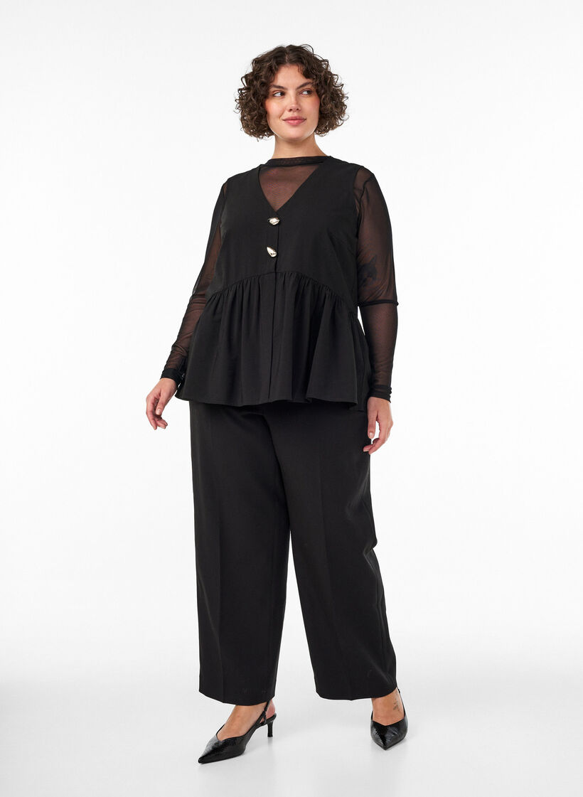 Sleeveless peplum blouse with decorative buttons, Black, Model image number 1
