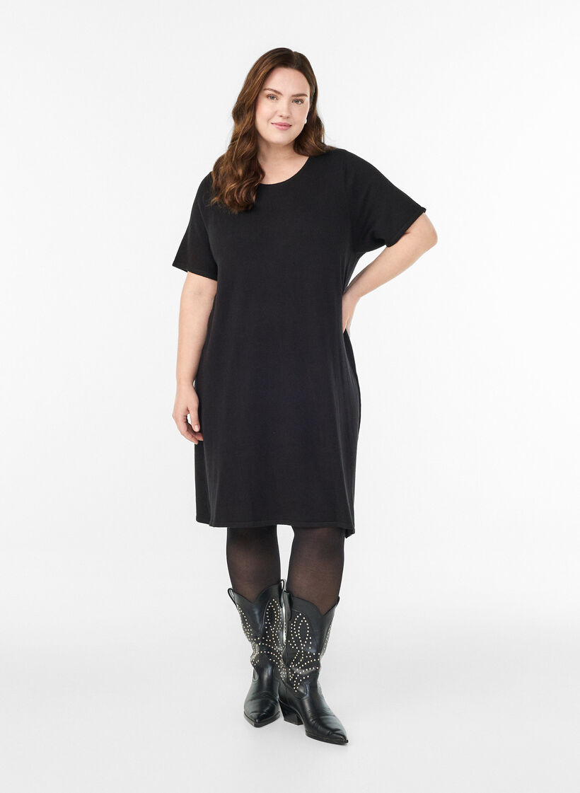 Knee-length knit dress with short sleeves, Black, Model image number 1
