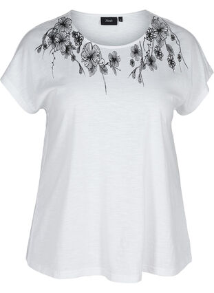 Cotton t-shirt with print details, Bright White FLOWER, Packshot image number 0