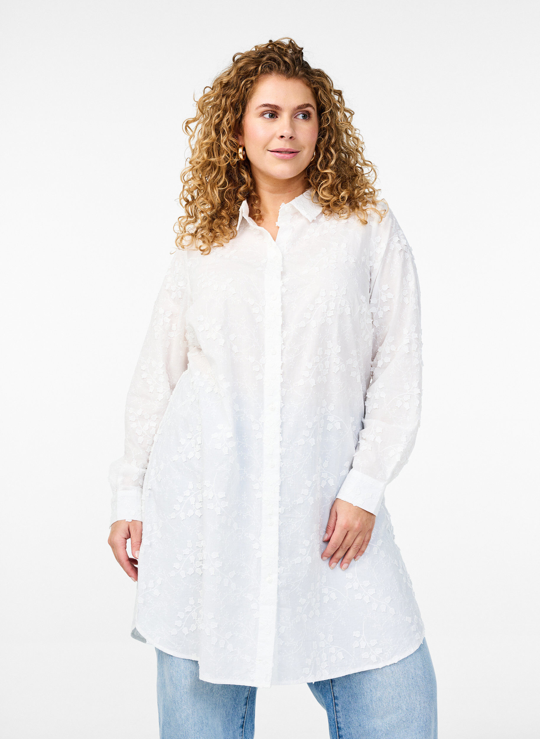 Zizzifashion Shirt dress with embroidered flowers, White, Model image number 0