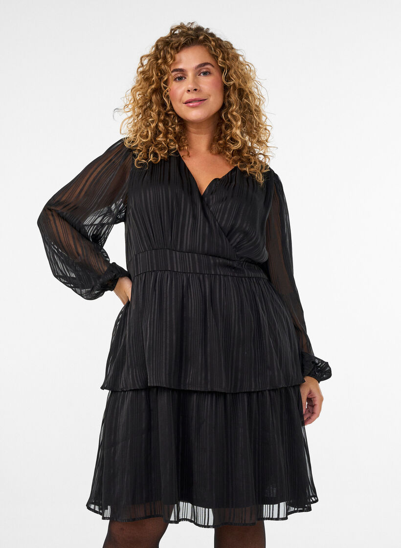 Knee-length dress with sheer stripes and wrap effect, Black, Model image number 0