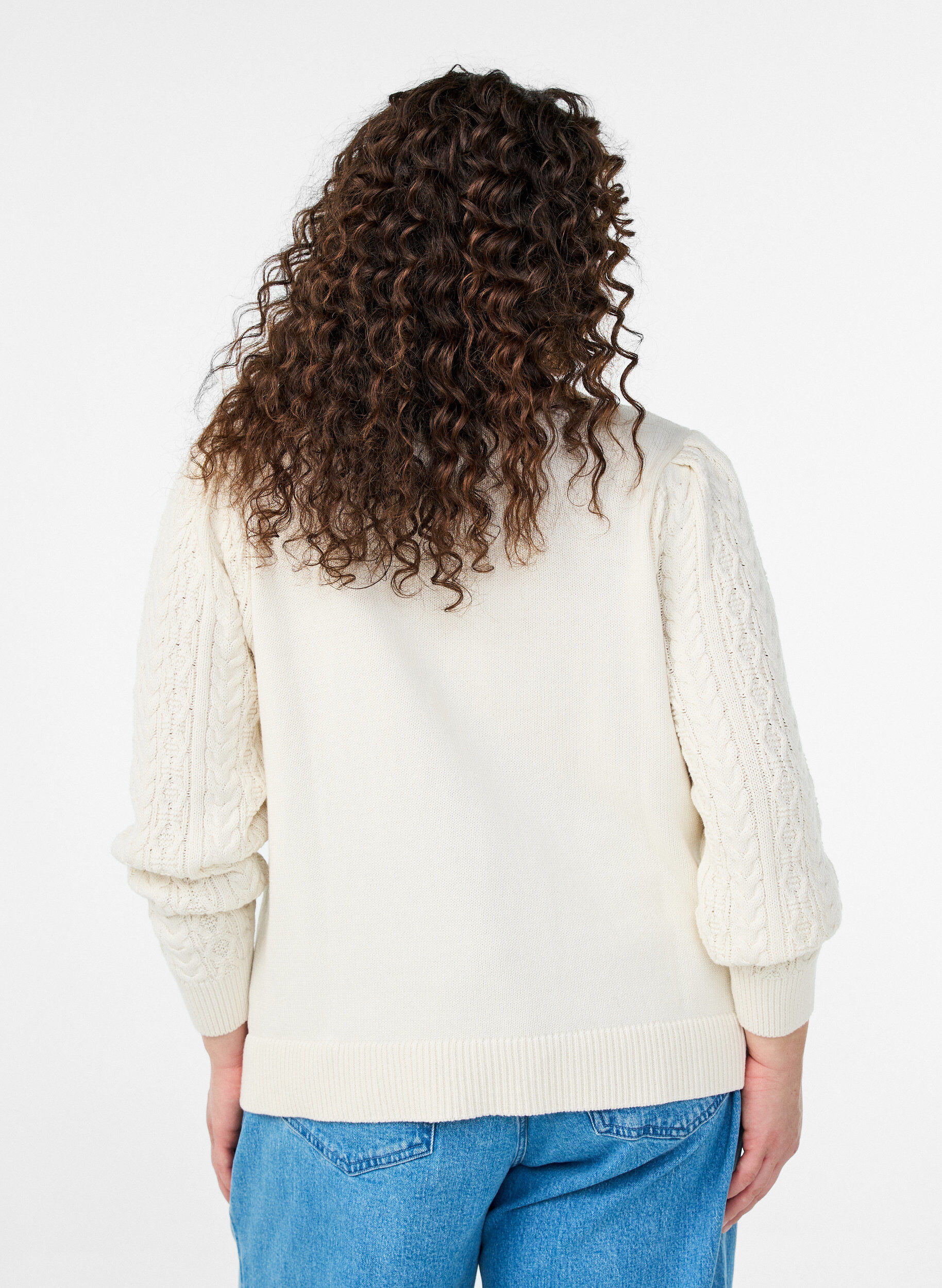 Zizzifashion Knit blouse with cable pattern and embroidered flowers, White, Model image number 2