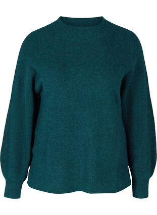 Knitted blouse with rib trim and round neckline, Reflecting Pond Mel., Packshot image number 0