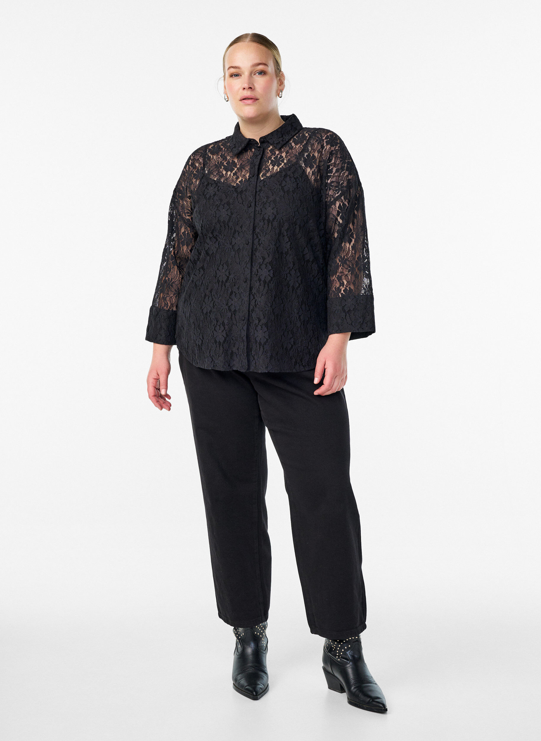 Zizzifashion Lace shirt with 3/4 sleeves, Black, Model image number 1
