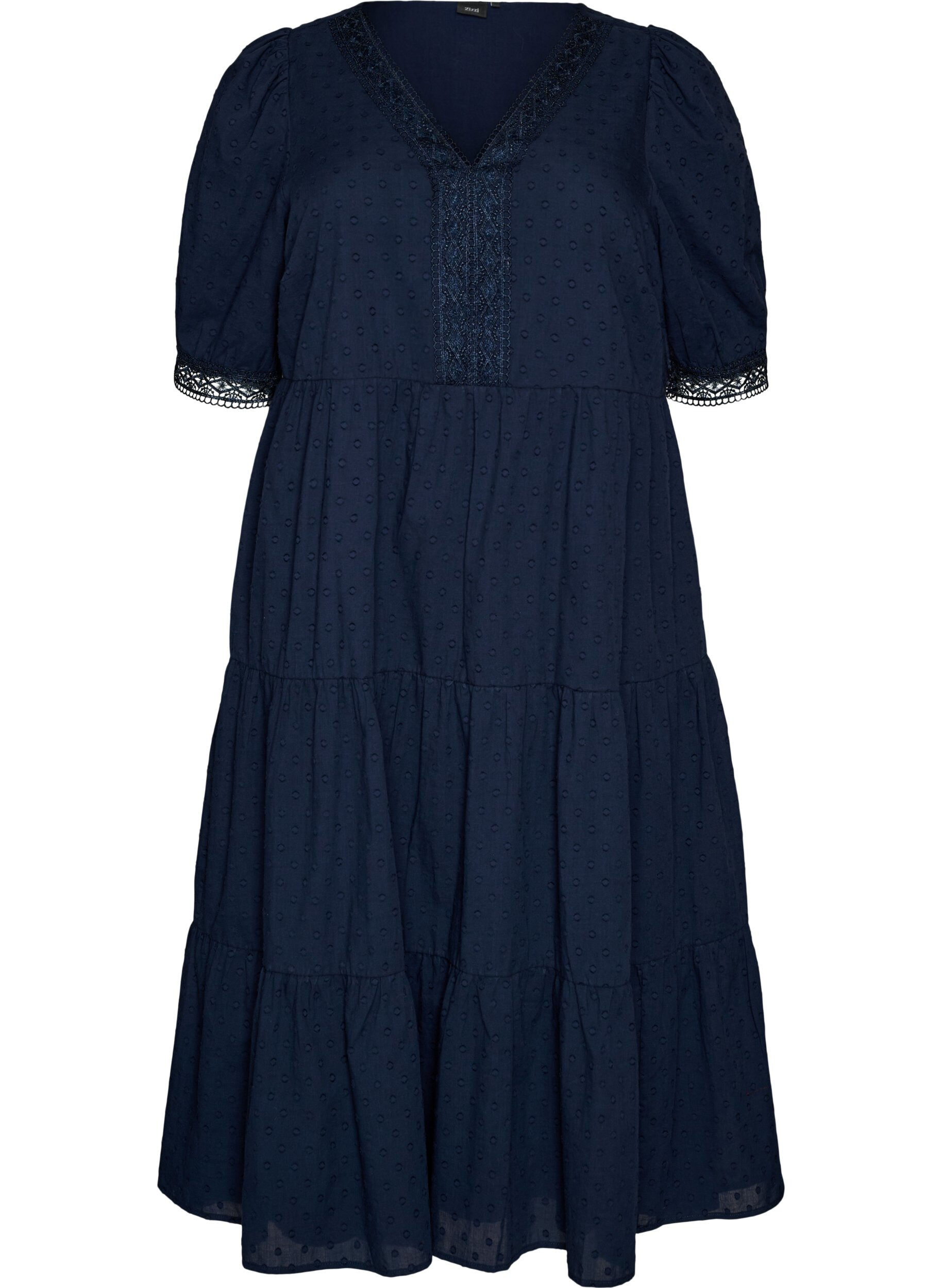 Zizzifashion Textured cotton midi dress with crochet details, Blue, Packshot image number 0