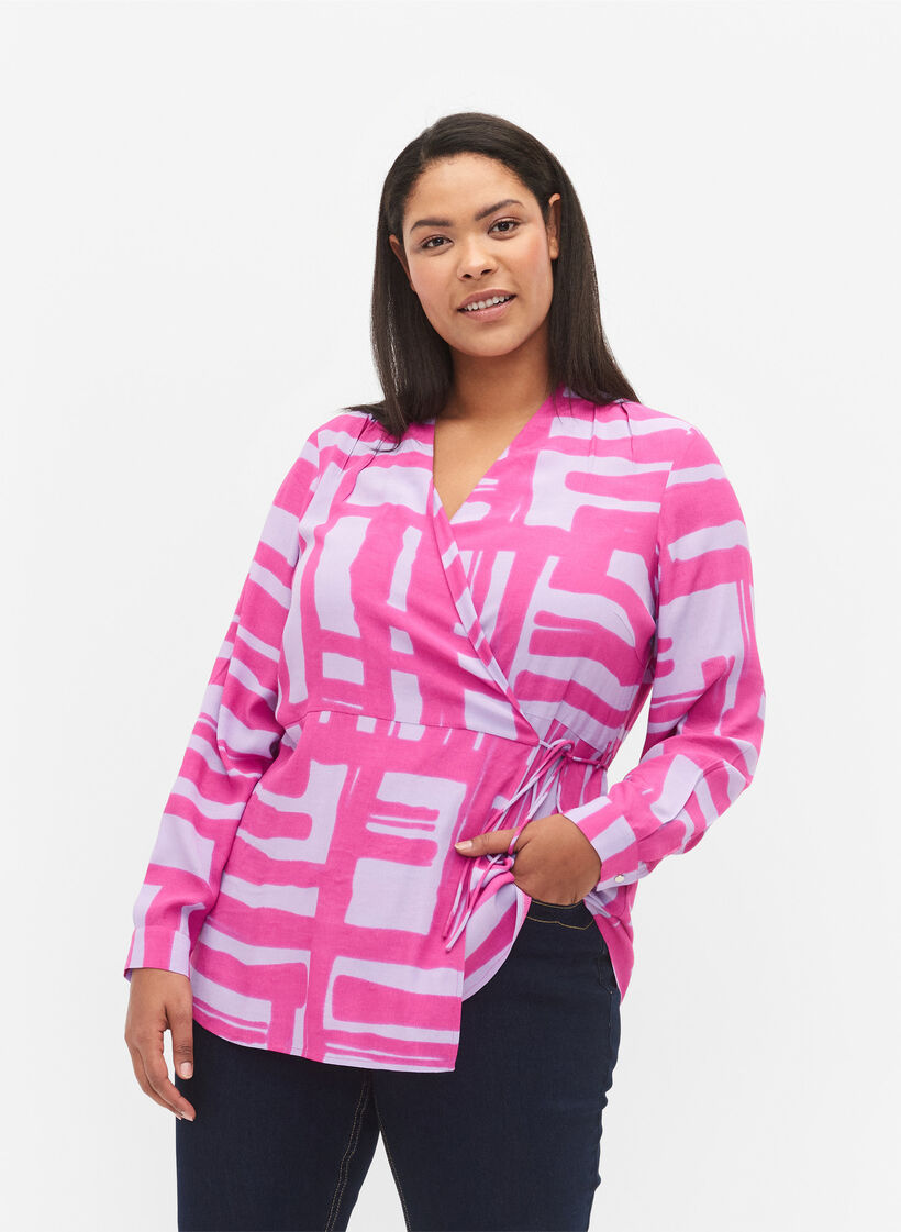 Printed wrap blouse in viscose, Rose Violet AOP, Model image number 0