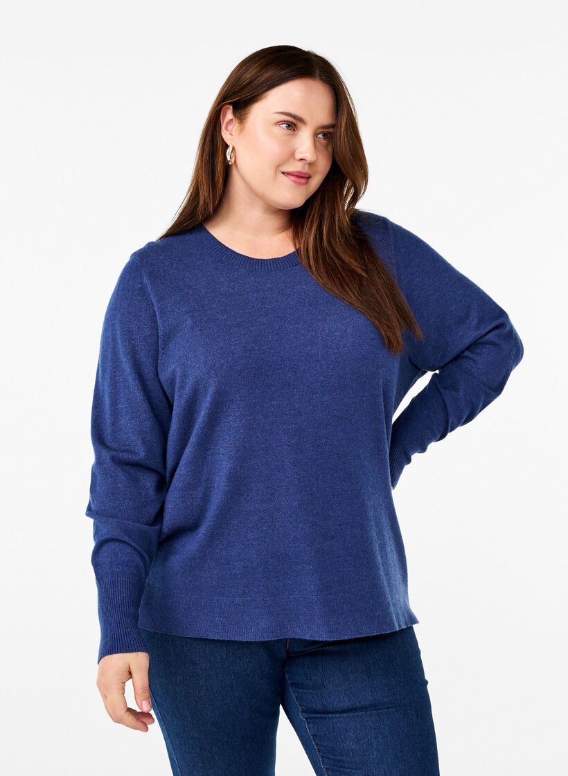 Knitted blouse with a round neck, Blue, Model image number 0