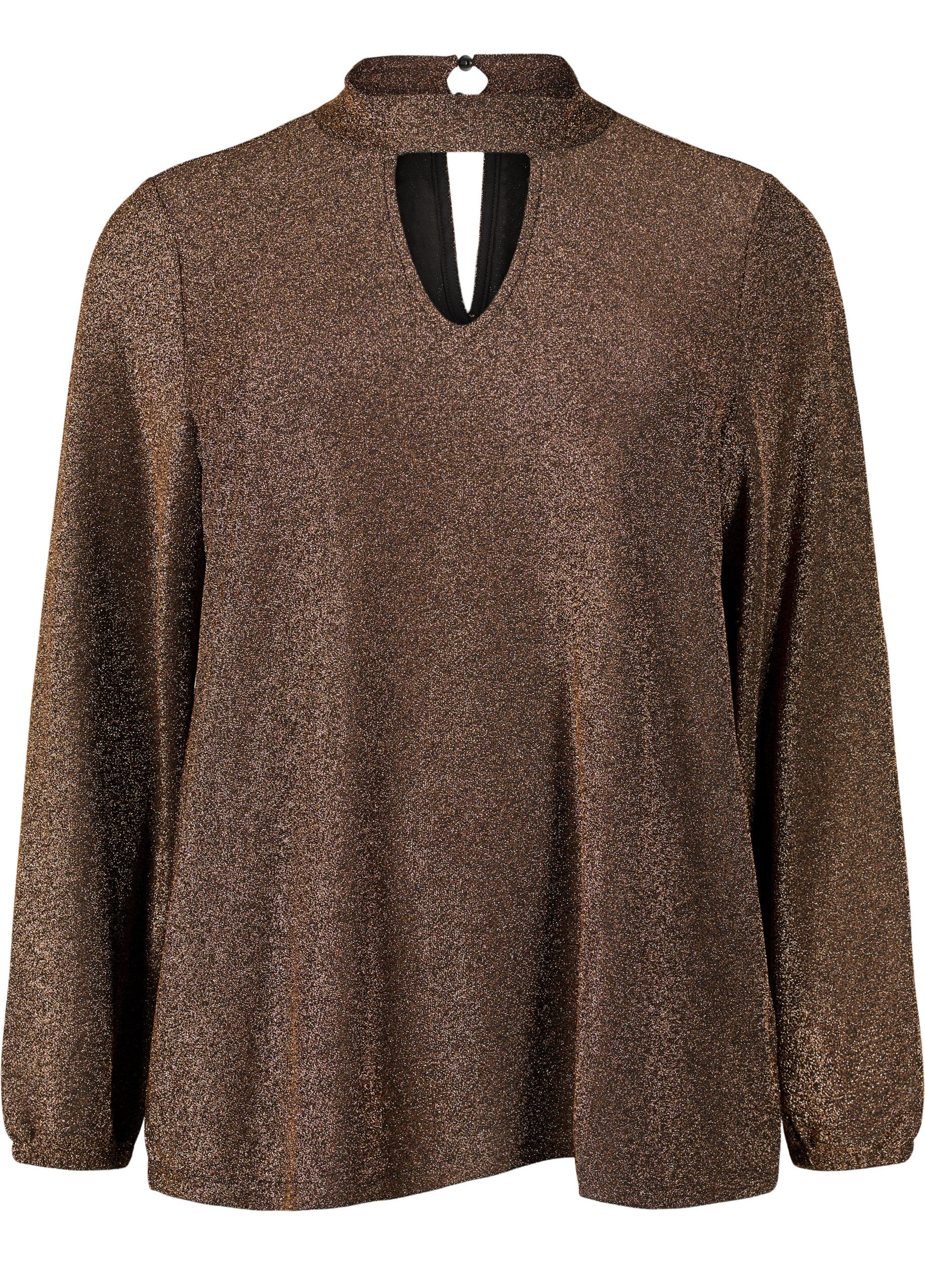 Zizzifashion Long-sleeved glitter blouse with round neck and V-detail, Black Copper, Packshot image number 0