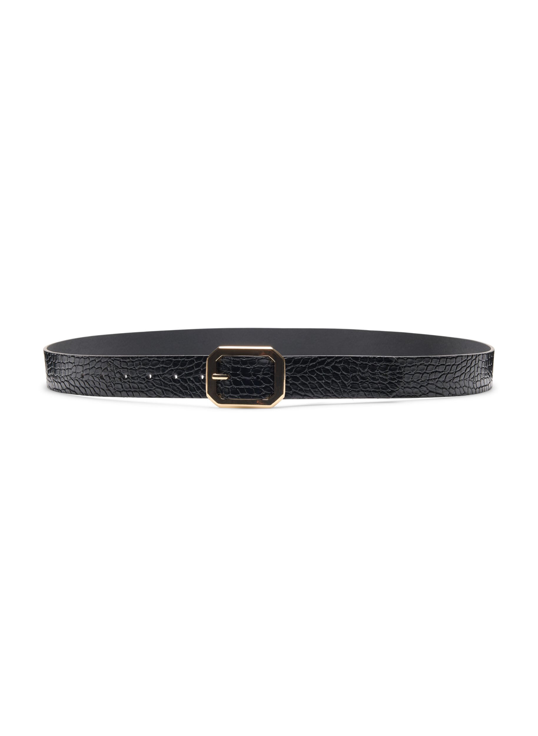 Zizzifashion Faux leather belt with croco pattern, Black w. Gold Buckle, Packshot image number 2