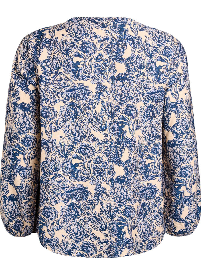 Long-sleeved blouse with pattern and buttons, Blue, Packshot image number 1