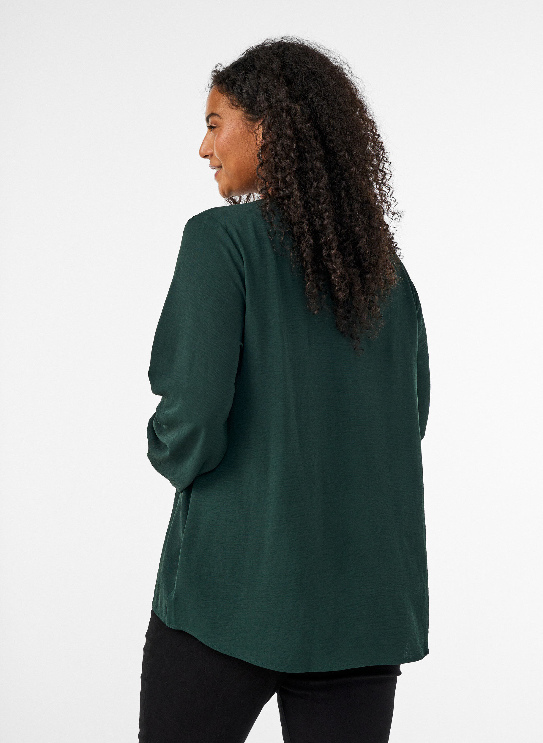 ZizzifashionBlouse with smock cuffs and V-neck, Green, Model image number 2