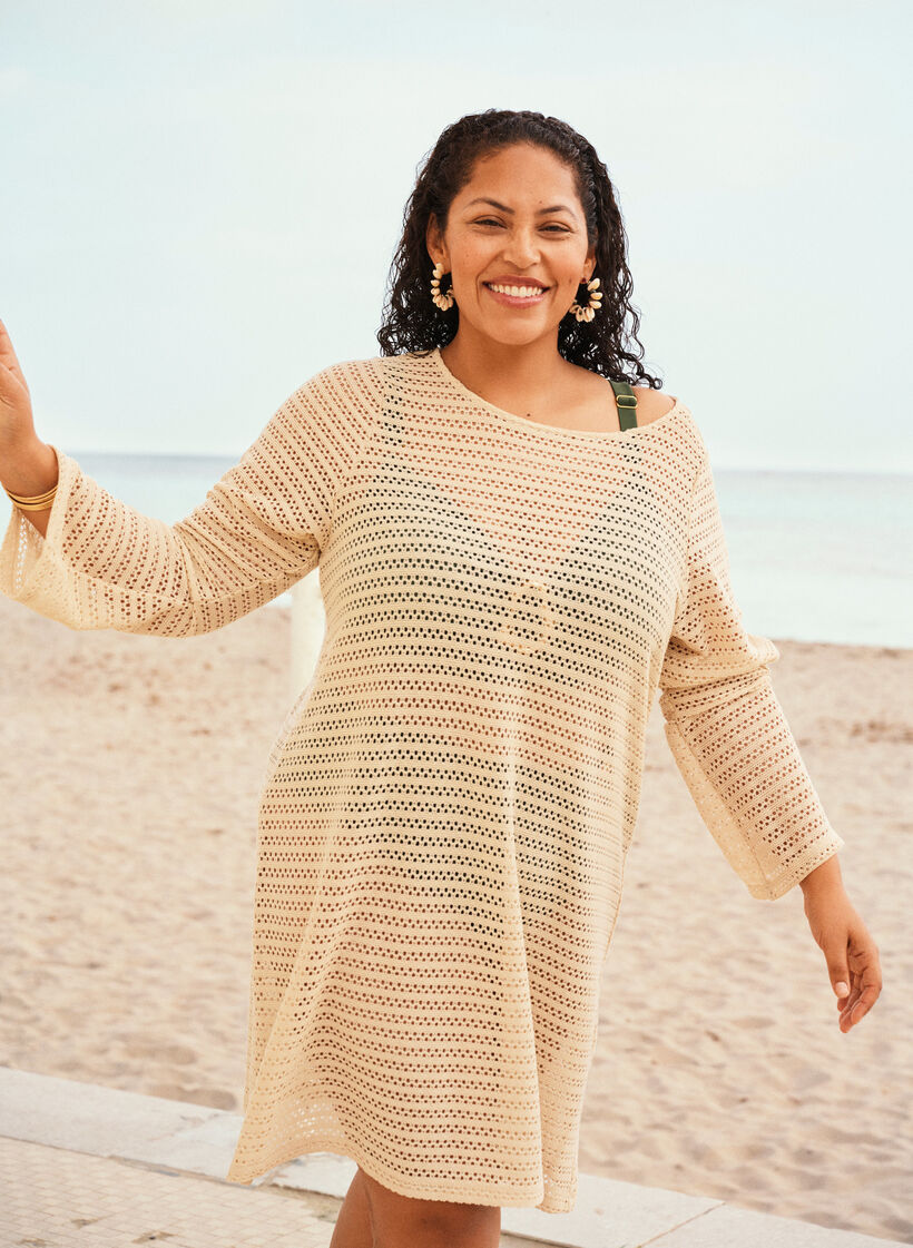 Beach dress with eyelet embroidery and long sleeves, Beige, Image image number 0