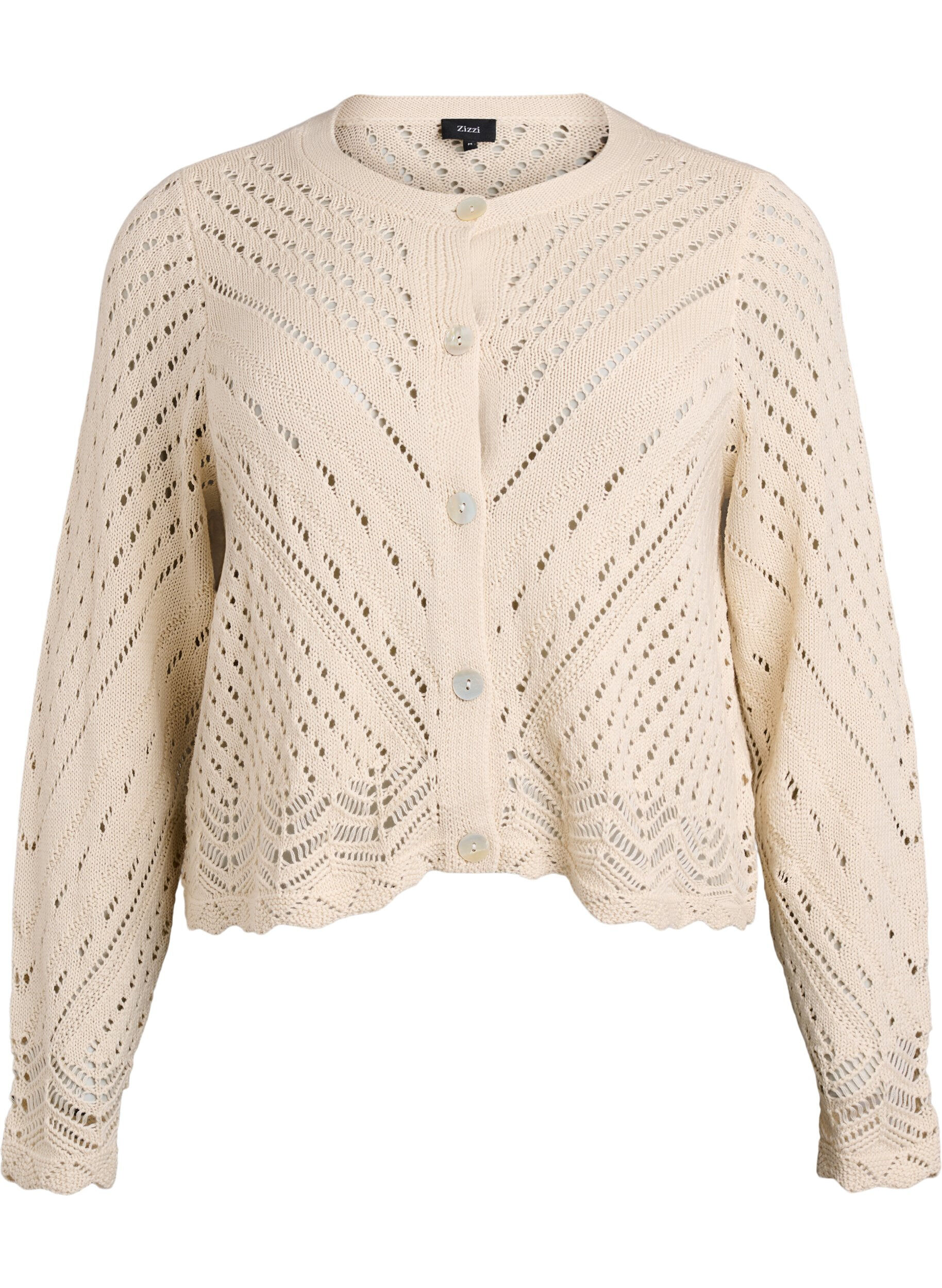 Zizzifashion Short knitted cardigan with eyelet pattern, Sandshell, Packshot image number 0