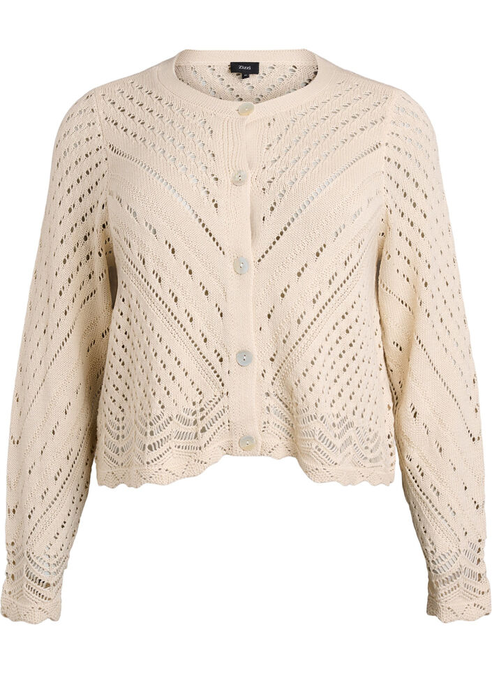 Short knitted cardigan with eyelet pattern, Sandshell, Packshot image number 0