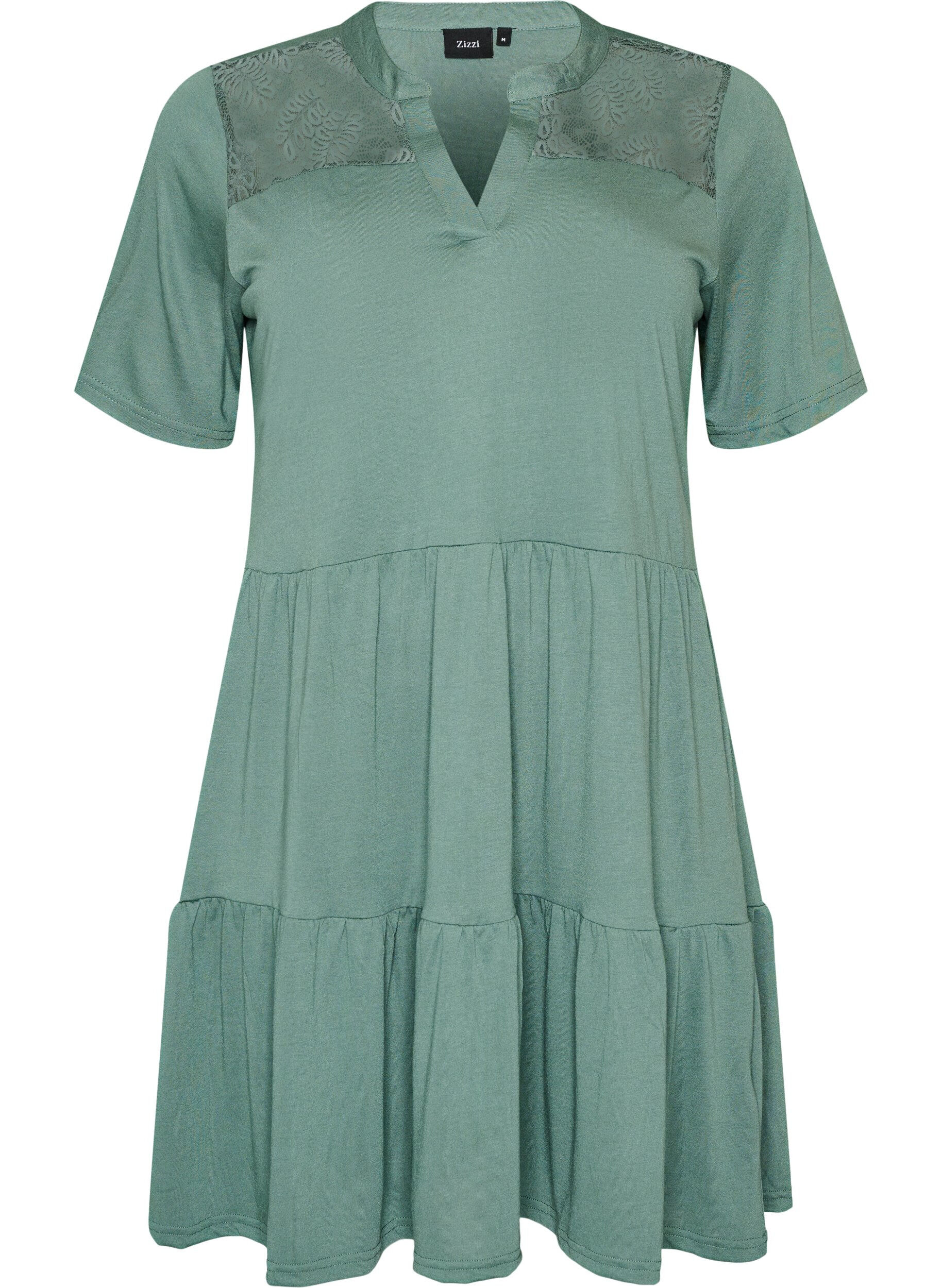 Zizzifashion Jersey dress with lace details and a layered skirt, Green, Packshot image number 0