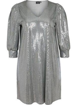 Sequin dress with 3/4 length sleeves and a V-neck, Silver, Packshot image number 0