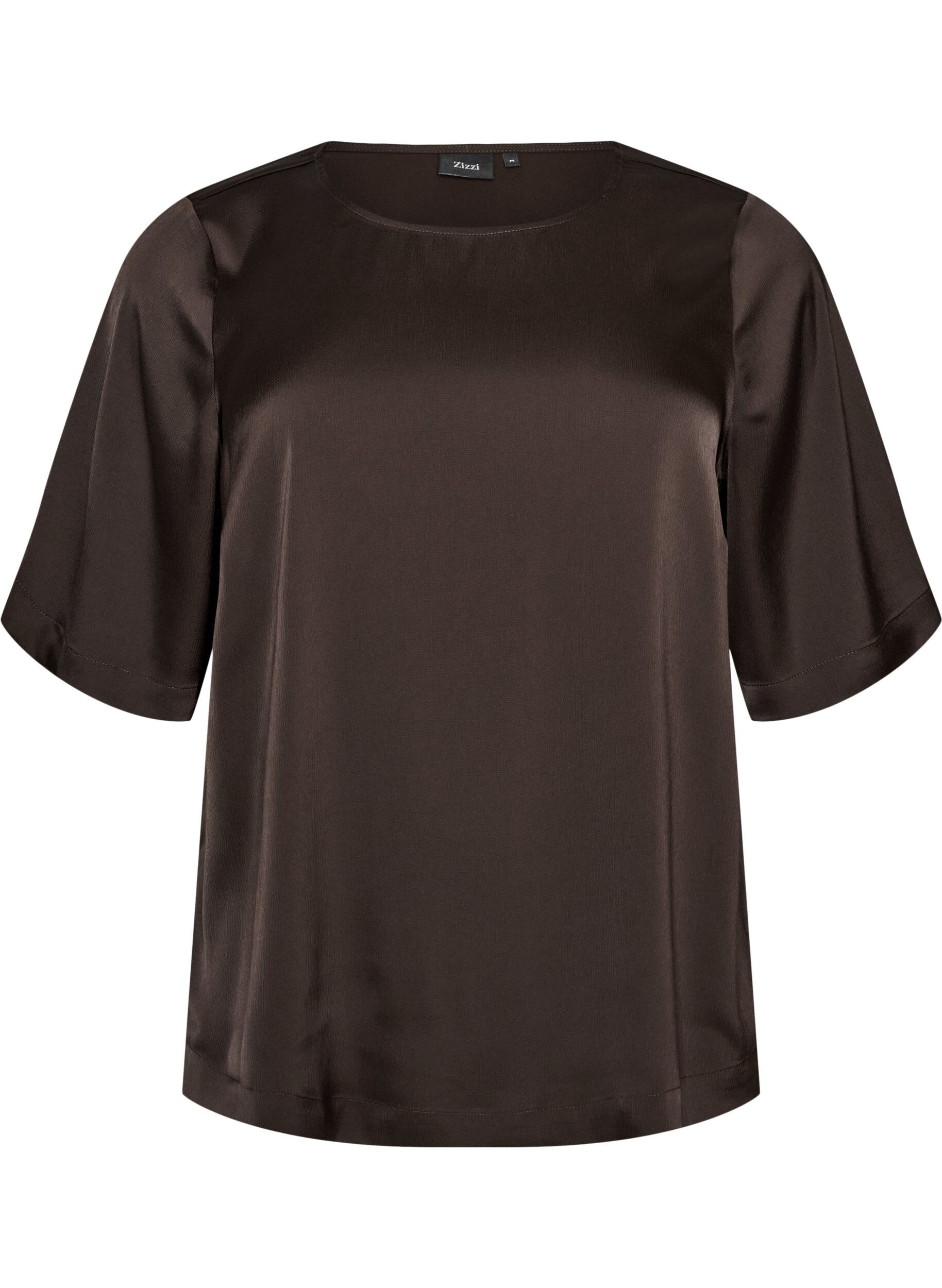 ZizzifashionSatin blouse with elbow-length sleeves, Brown, Packshot image number 0
