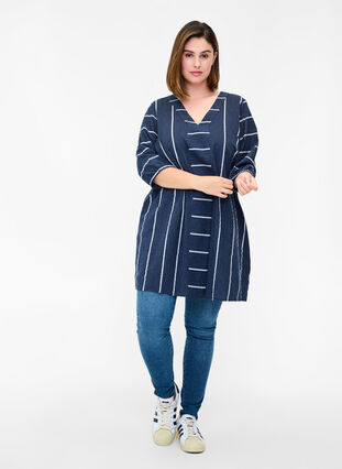 Striped cotton tunic with 3/4 sleeves, N.Sky w.White Stripe, Model image number 2