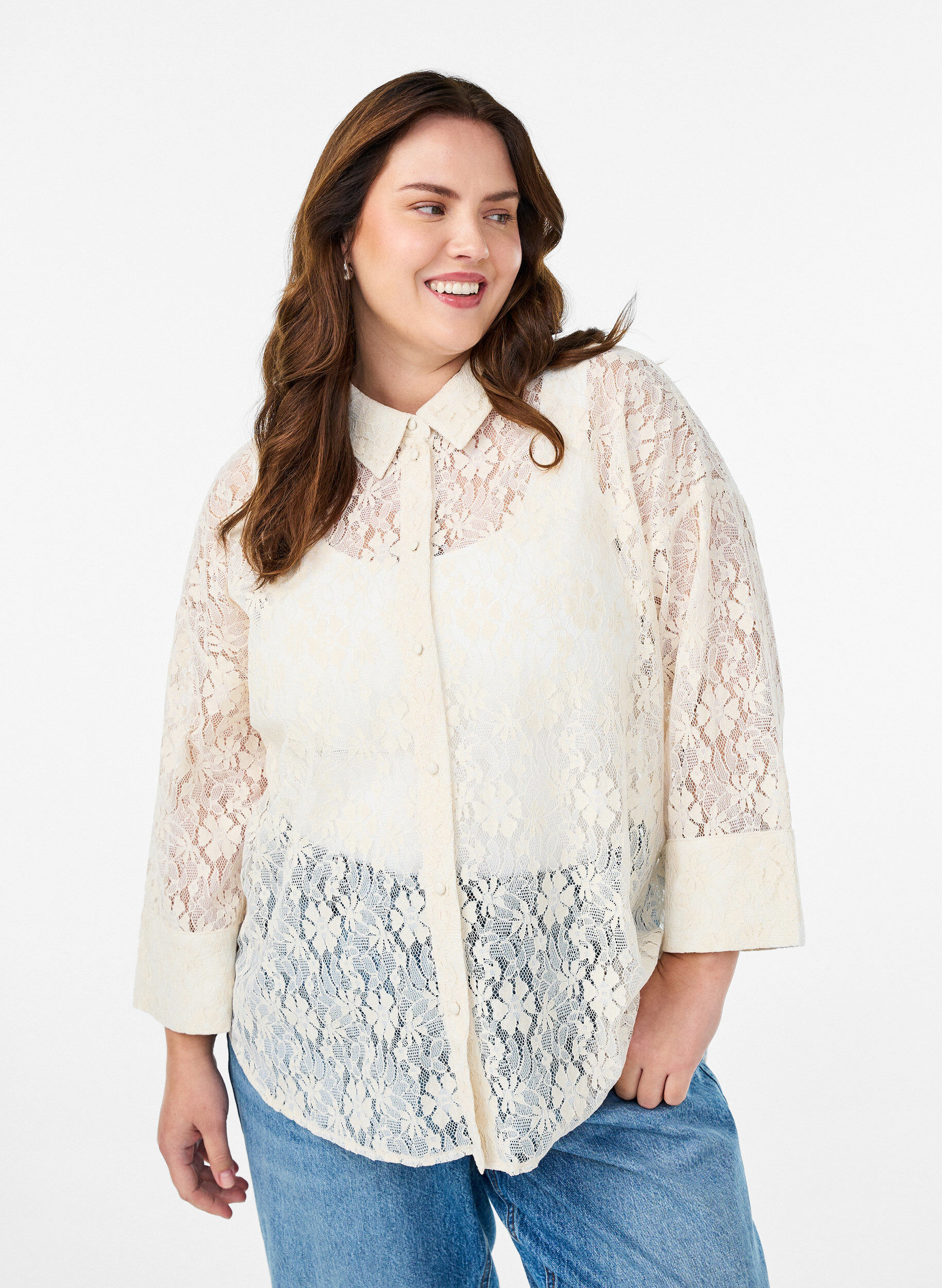 Lace shirt with 3/4 sleeves, Vanilla, Model